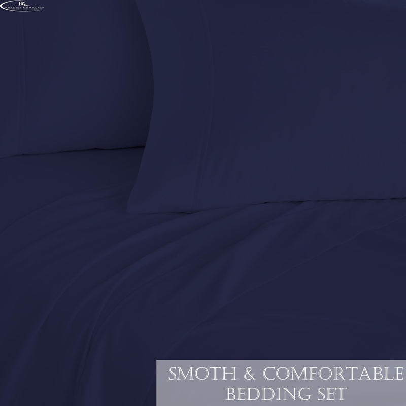 Knight Kavalier 100% Cotton 3 PCs Bedsheet- King Bed Sheet Set- Premium Satin Finish 400 Thread Count Flat Sheet Set- Durable, Breathable, Luxury Feel, Hotel Style Set- Navy Blue Solid