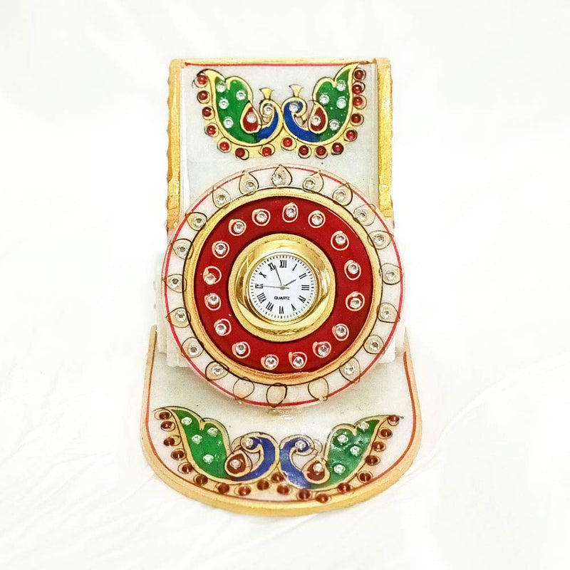 Marble Mobile Holder| Meenakari Art Handmade Decorated Table Clock Phone Stand Ideal for Office & Home Decor Showpiece| Best for Gifting - (H 11.5 cm X L 10.5 cm X W 10 cm) by Handicraft Kingdom