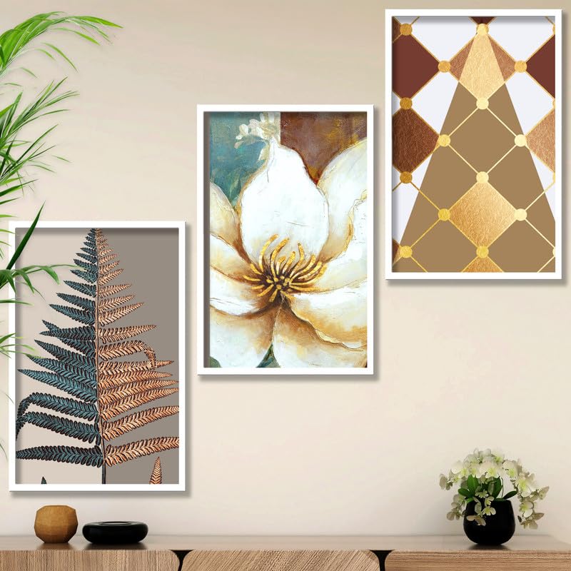 SAF paintings Set of 3 flower pot Boho modern art design Premium white Framed Bohemian wall painting for for Wall, Home and Living Room Decoration 80 cms x 34.29 cms COMBO-2018-K3