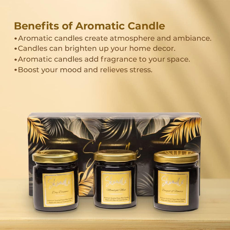 Skiindle Set of 3 Black Jar Candles with Exquisite Long-Lasting Aromatherapy Scent for Relaxation | Ideal Gift for Home Décor - Made with SOYA Wax, Lead-Free Wick & Natural Aroma Oils