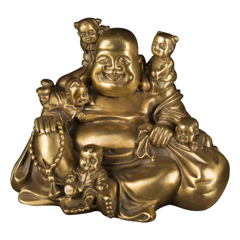 Brass Statu Chinese Fengshui Laughing Buddha Sitting with 5 Children Statue Attracting Happiness in Family Decoration Collection ZD066