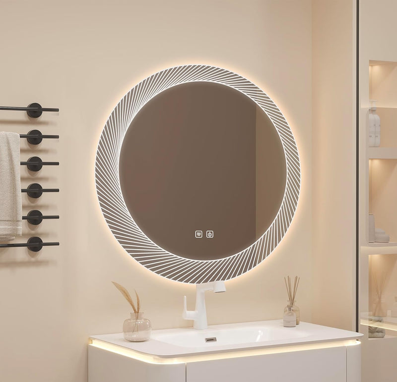 Wall Mount Round Touch Sensor LED Light Mirror Glass (Warm White, Natural White, 24" x 24"INCH)