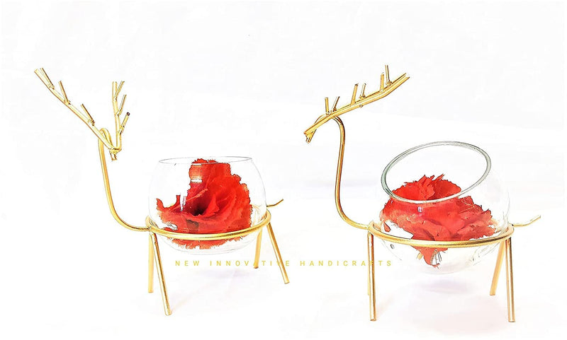 Unique Art. Glass Planter Holder Deer |Glass Pot| Glass Flower Pot| Glass Flower Round Vase Handmade for Decorate House,Set of 2(Colour-Gold)