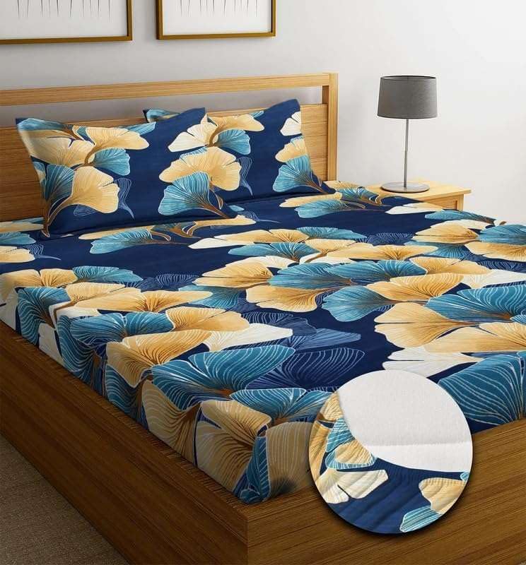 Premium Cotton All Around Elastic Fitted Double Bed Bedsheet (72” x 78”) with 2 Pillow Covers (16" x 26") (BS15 (B) Blue Plant)