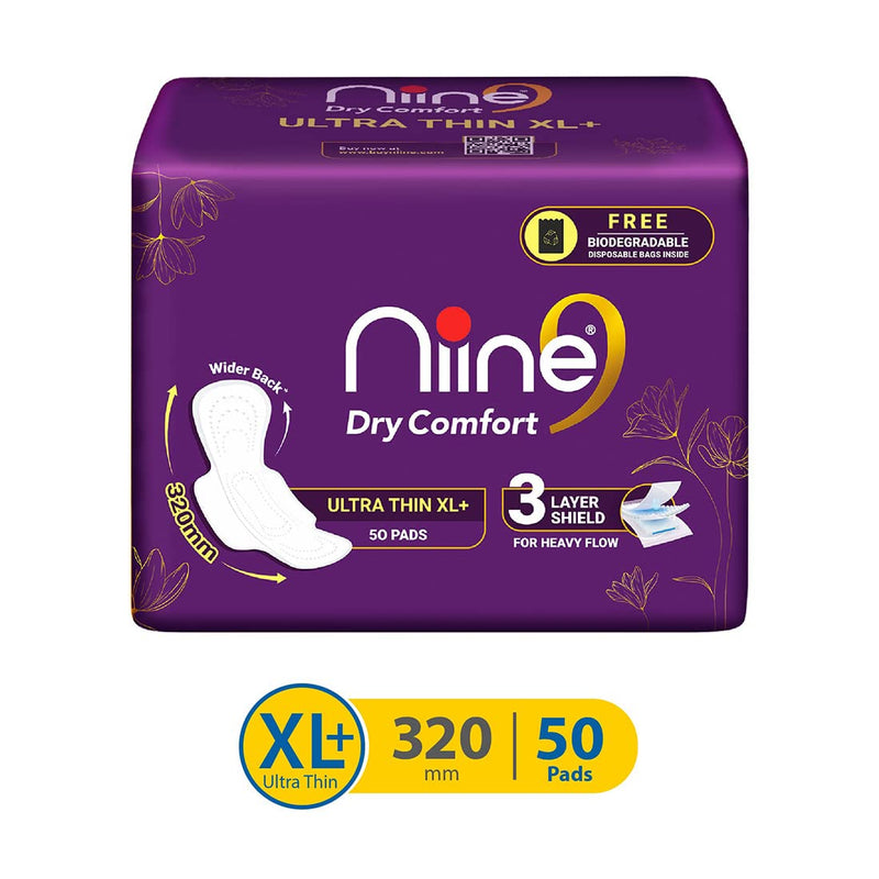 NIINE Dry Comfort Ultra Thin XL+ Sanitary Napkins for Heavy Flow (Pack of 1) 50 Pads with Free Biodegradable disposable bags