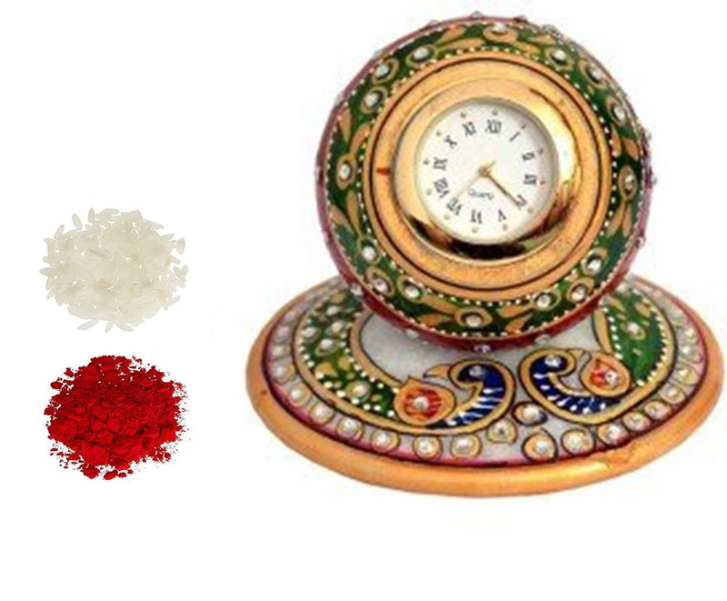 Purpledip Marble Table Clock & Roli Chawal Tika: Bhai Dooj Diwali Gift Hamper (bd2a)