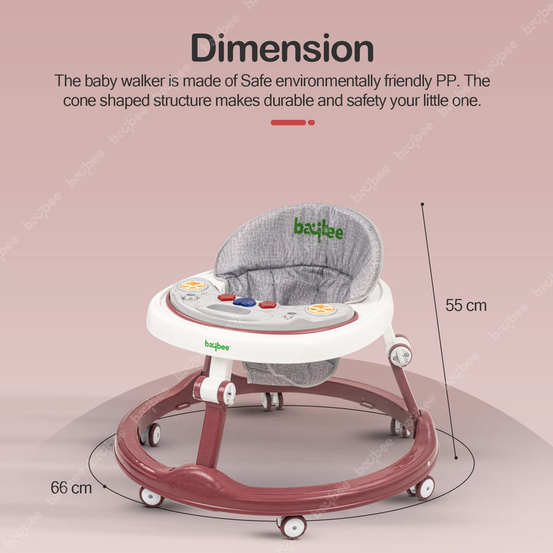 Baybee Drono Baby Walker for Kids, Round Kids Walker with 4 Seat Height Adjustable | Foldable Activity Walker for Baby with Food Tray & Musical Toy Bar | Walker Baby 6-18 Months Boys Girls (Red)