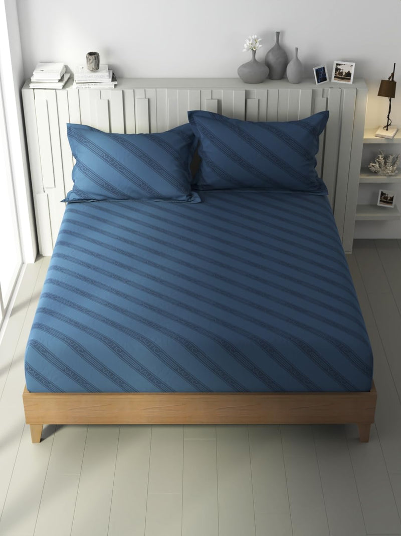 NAUTICA Cotton King Bedsheet with 2 Pillow Covers -3pc Set (Ocean View) Ornamental-Blue