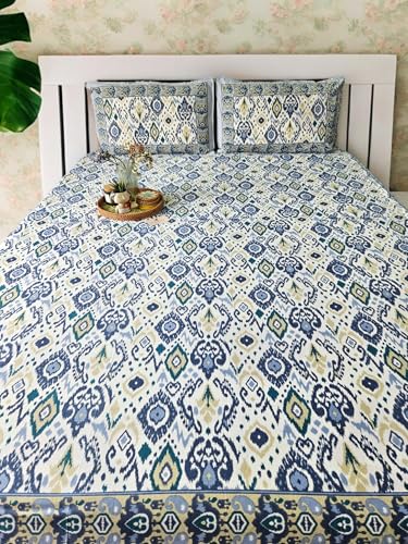 Feels Like Home 240 TC 100% Cotton Super King Size Bedsheet, 1 Bedsheet and 2 Pillow Covers, Block Printed, Olyander Collection - Blue Ikkat Print,108 x 108 Inch, Jaipuri Bedsheet