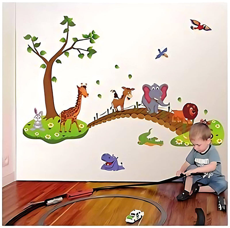 JAAMSO ROYALS Multicolour Jungle Animals Cartoon Design Home Décor Wall Sticker for Kids Room Playing Room Decor (60 CM X 90 CM)