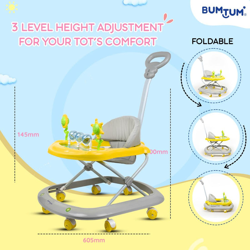 BUMTUM Baby Walker for 6 to 48 Months with Parent Handle Rod| Foldable Activity Walker| Baby Grey Caterpillar Walker