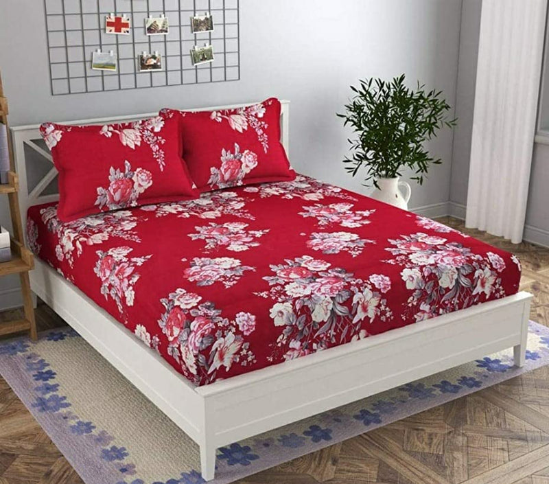 Shree JEE Home Decor Supersoft Cotton Elastic Fitted bedsheet Queen Size 108 * 108 with 2 Pillow Covers 210 tc (red Colour)