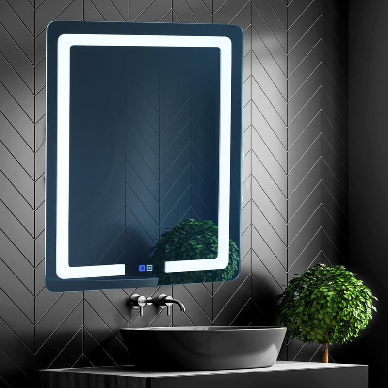 Crystal Indian Glass Led Rectangle Wall Mounted Washroom Mirror with Triple Light with Vertical Design, Unframed (18x24)