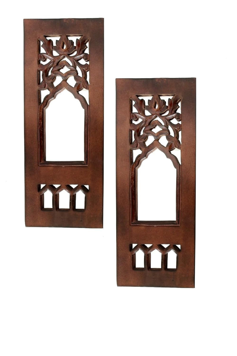 SPACE WOOD Wood Painted Wall Hanging Jharokha Inside Mirror, Wooden Wall Hanging, Wall Panel (12x4) inches Set of Two.(Brown), Rectangular, Framed (Design 2)