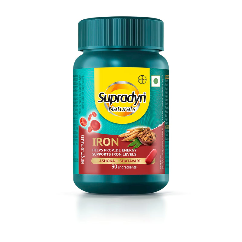 Supradyn Naturals Iron For Women, Multivitamin with 3X Iron, Ashoka, Shatavari, Zinc, Vitamin C, Folic Acid, 30 vital nutrients, Supports Blood Health & Provides Energy, Pack of 30 tabs,Veg (30 count)