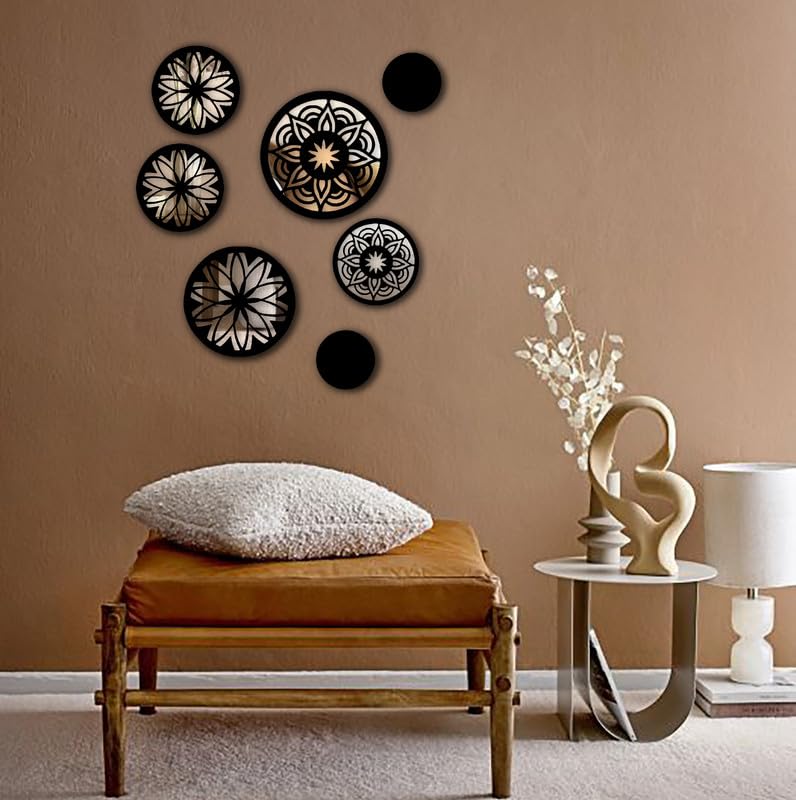 VAH- Kya Bat Hai !! 7 Black Mandala Design Round Wooden Acrylic Mirror Wall Sticker for Home Decoration