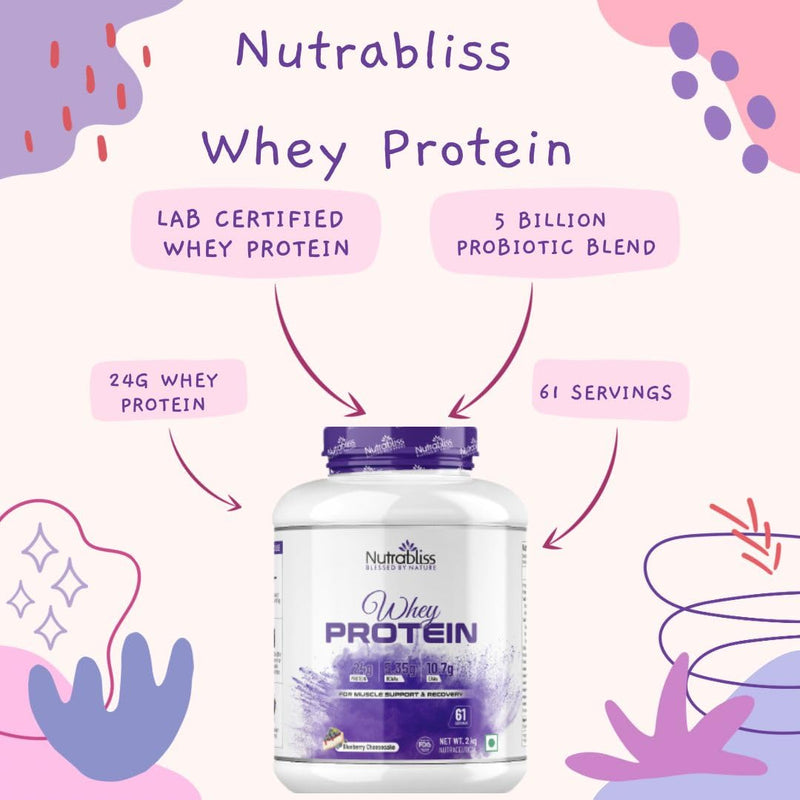 Nutrabliss Premium Pure Whey Protein Concentrated blended with digestive enzymes and probiotics | 100% tested and guaranteed Whey Protein - 24 Gram Protein per serving (Blueberry CheeseCake, 2 Kg)