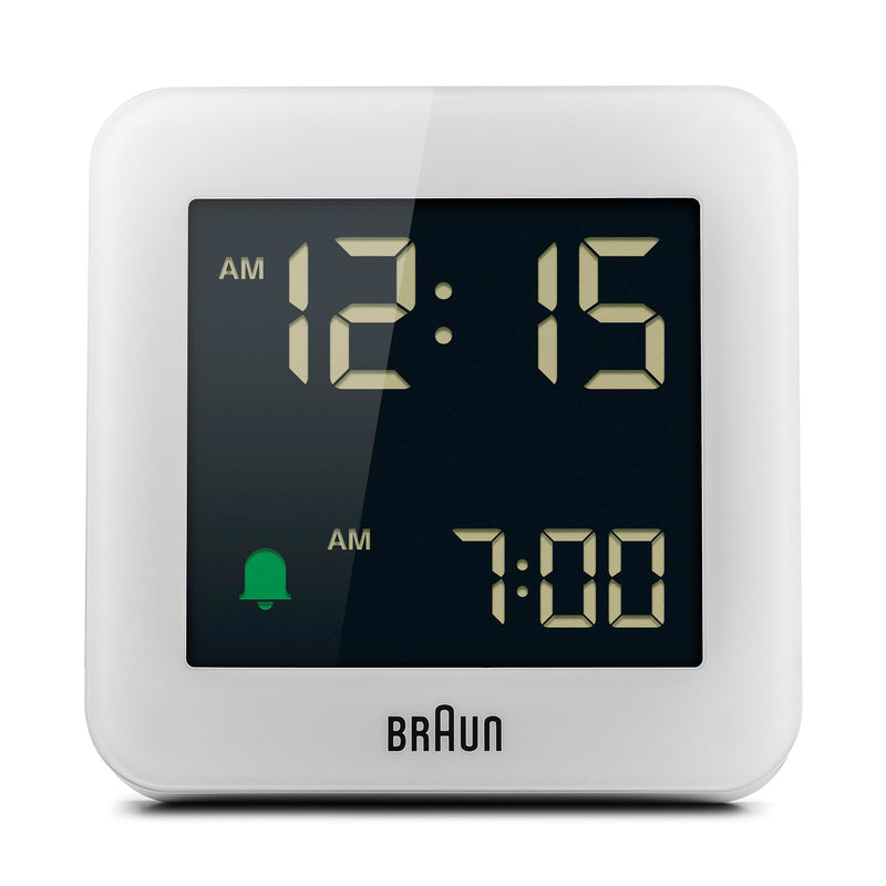 Braun Digital Alarm Clock with Snooze, Negative LCD Display, Quick Set, Crescendo beep Alarm in White, Model BC09W