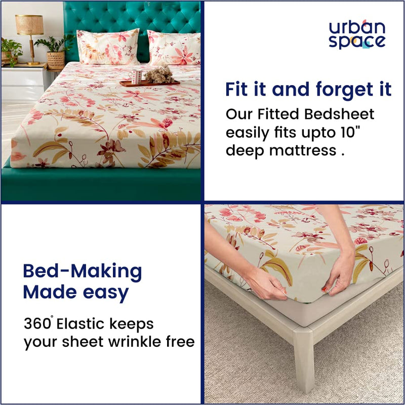 Urban Space Serene 200 TC 100% Cotton Elastic Fitted Bedsheet King Size, Fitted bedsheets King Size 78 x 72 with 2 Pillow Covers (Size 72 x 78 inches, Floral Feast Peach)