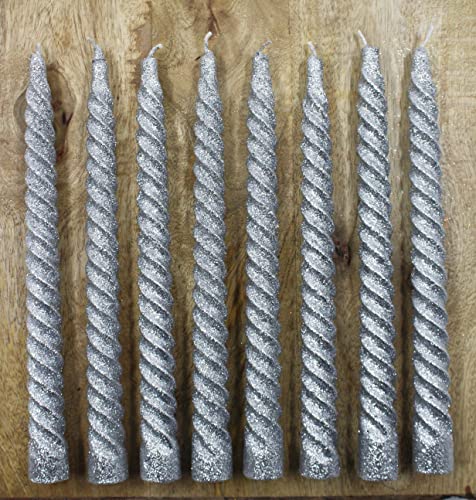 atorakushon Spiral Taper Stick Candles Handmade Glitter Twisted Candles-Set of 8 for Decoration Weddings Party Church Dripless Candles10 inch (Silver)