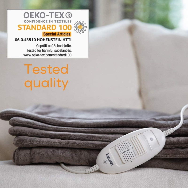 Beurer HD 75 Electric Blanket, Cuddly Heat Blanket with 6 Temperature Levels, Safety System and Automatic Shut-Off, Machine Washable, Taupe