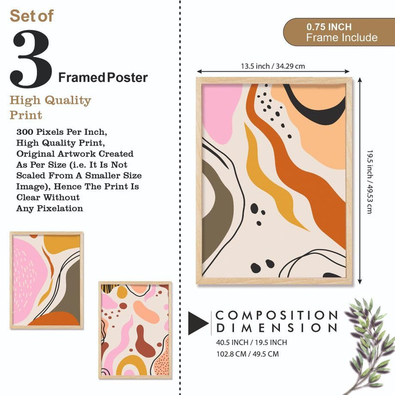 SAF paintings BOHO Set of 3 Modern Art Premium Brown frame Bohemian Painting for Wall Decoration Digital Reprint 19.5 inch x 13.5 inch Bohemian Painting (With Frame, Pack of 3) B194M3