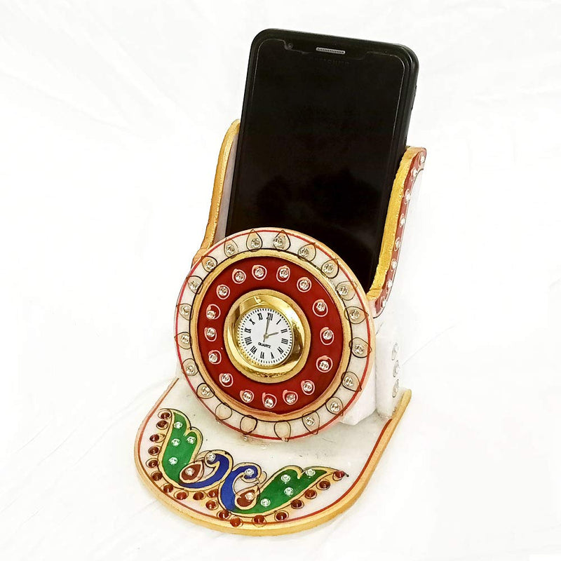 Marble Mobile Holder| Meenakari Art Handmade Decorated Table Clock Phone Stand Ideal for Office & Home Decor Showpiece| Best for Gifting - (H 11.5 cm X L 10.5 cm X W 10 cm) by Handicraft Kingdom