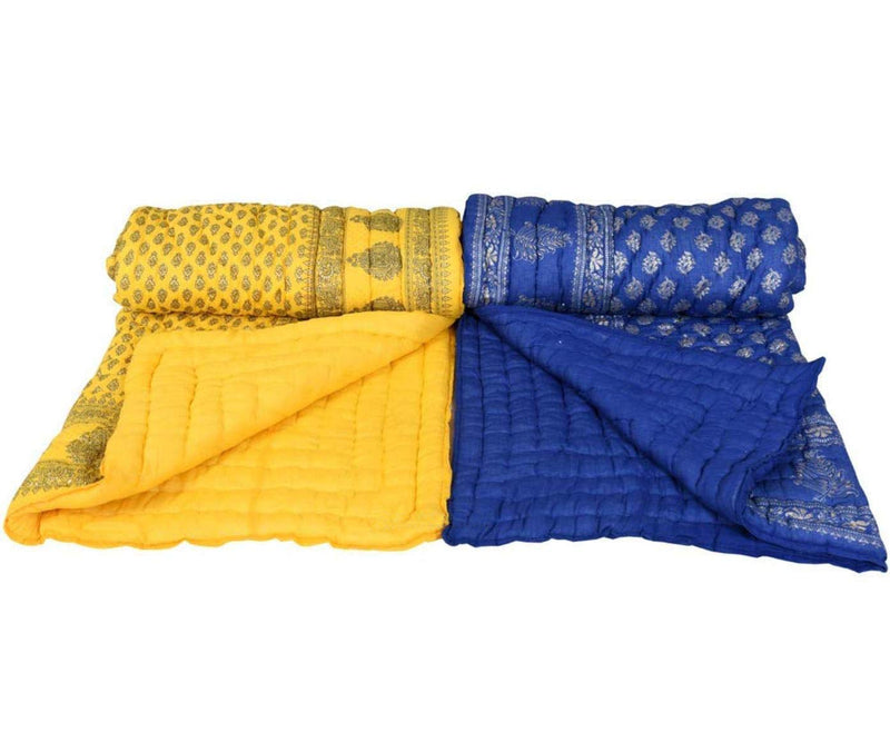 HOPEE Shop 400 TC Jaipuri Razai Soft Light Weight Original Pure Cotton Winter and Summer Rajasthani Traditional Jaipuri Ac Quilt Rajai/Razai/Quilt Single Bed, Set of 2 (Blue and Yellow Golden)