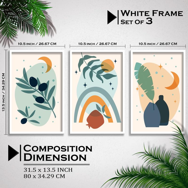 SAF paintings Set of 3 abstract flower Boho modern art design Premium white Framed Bohemian wall painting for for Wall, Home and Living Room Decoration 80 cms x 34.29 cms COMBO-2212-K3