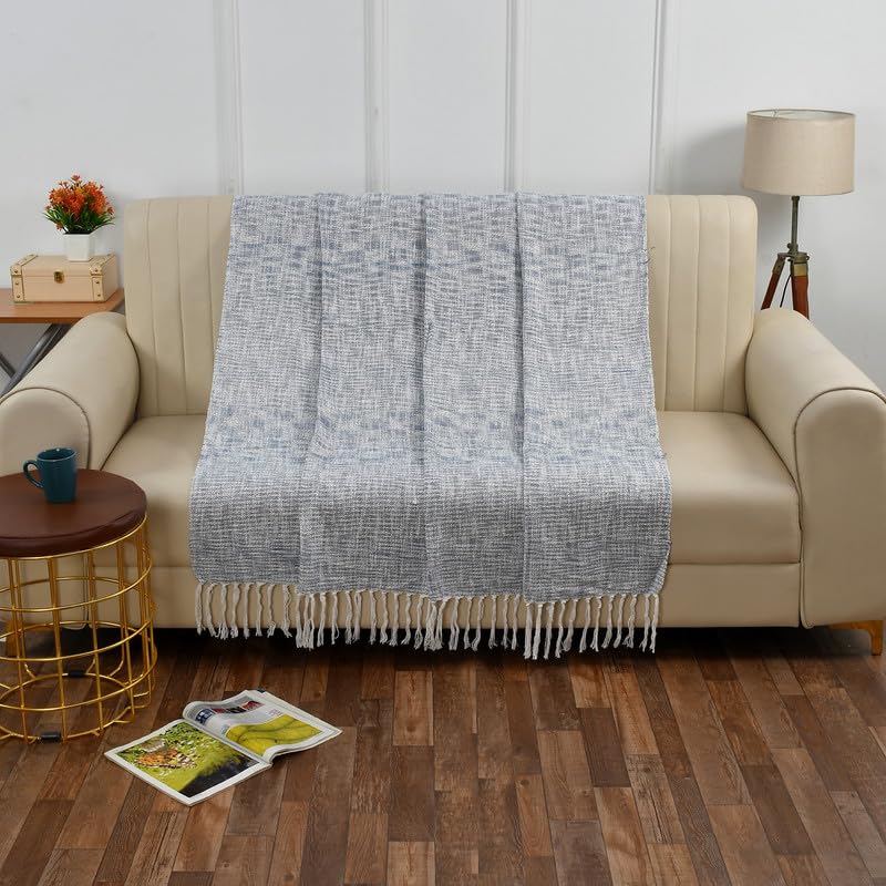 Fashion Throw 100% Cotton Handloom Throw Soft Blanket (FT_11) for Winter Warm Comforter/Throw | AC Blanket Sofa Couch Throw/Blanket_(125 x 150 Cms)_Blue.