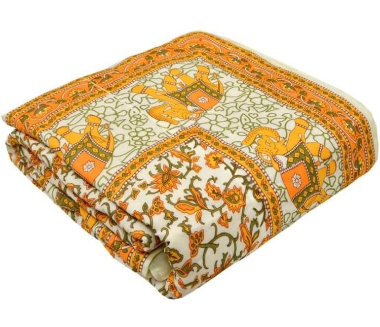 Ahnef Furnishing Jaipuri Light 400 TC Weight Pure Cotton Traditional Rajasthani Print Single Bed Quilt/Razai/Rajai (Indigo Single Bed, 85 x 55 Inches) (Yellow Elephant)