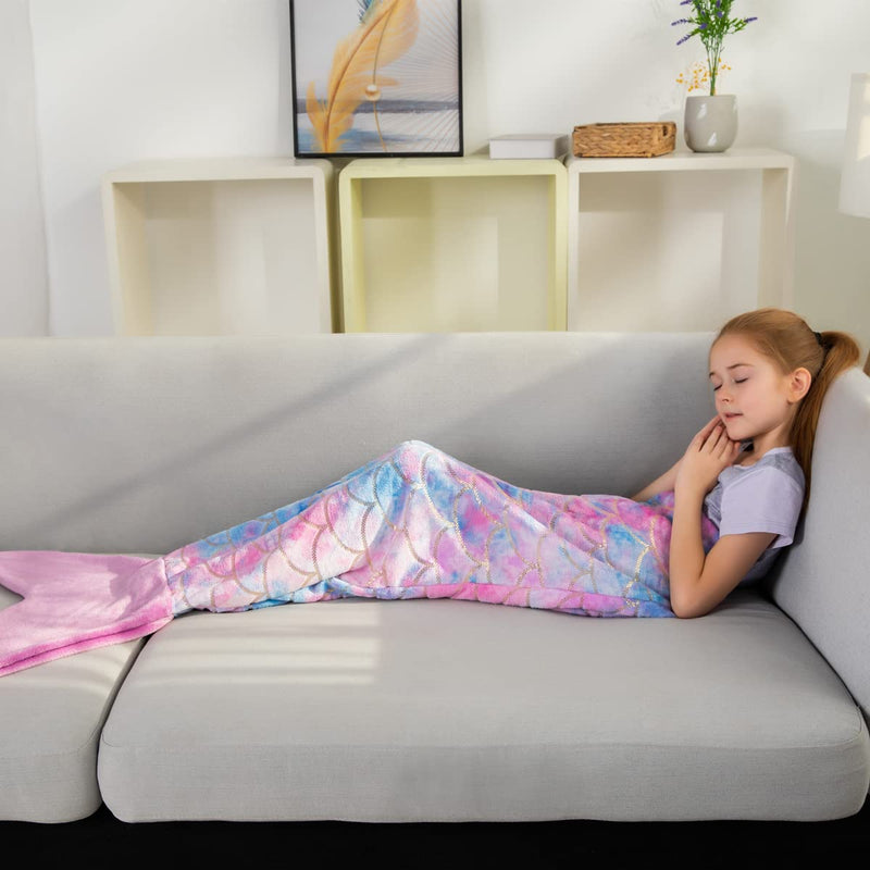 cosMonsters Mermaid Tail Blankets Glittering Wearable Cute Cozy Soft Flannel Rainbow Colorful Mermaid Tail Blanket for Kids 5~12 Year (Purple Pink, Schoolchild)