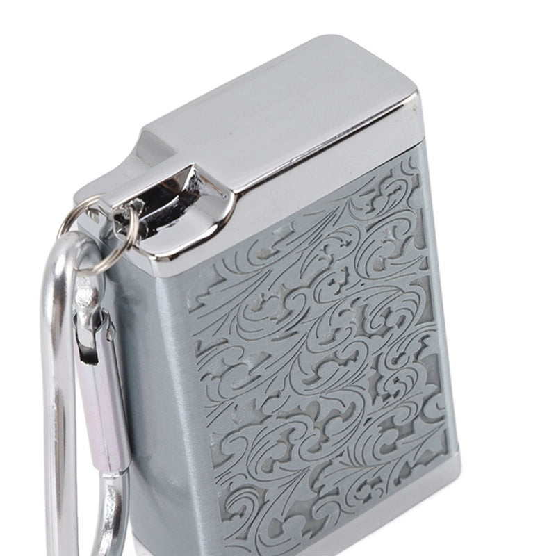 Portable Ashtray, Mini Size Embossed Pattern Cigarette Box Fireproof with Carabiner for Home Room (Silver)