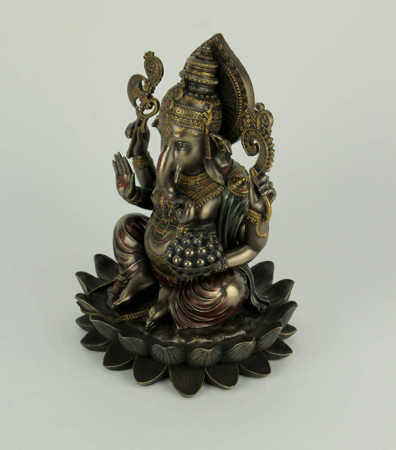 Veronese Design 10.24 Inch 5 lbs Lord Ganesha Sitting on Lotus Hindu God Antique Bronze Finish Statue