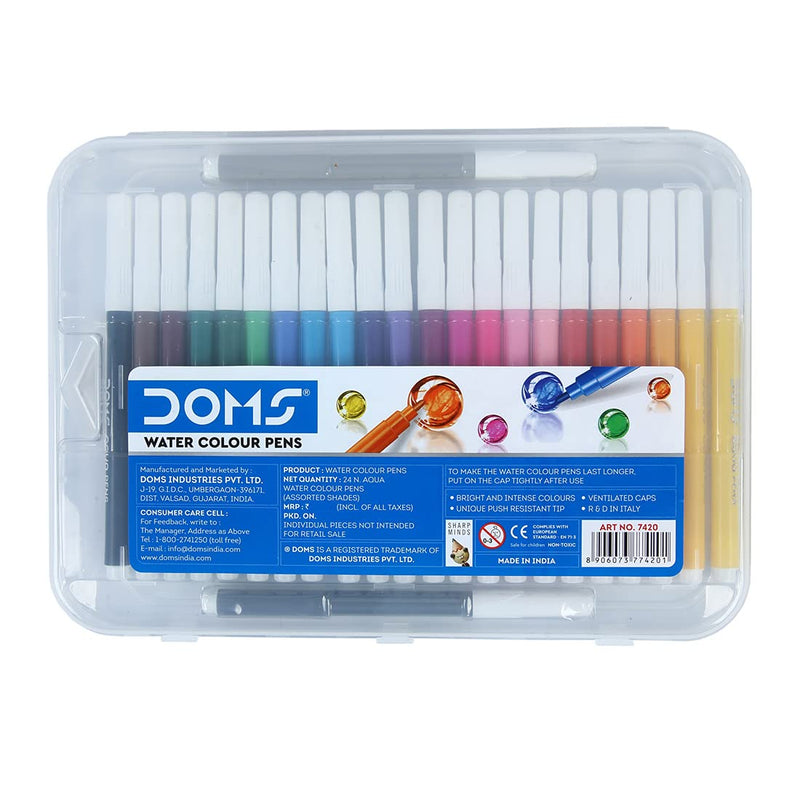 DOMS Aqua 24 Shades Watercolour Sketch Pen Set | Unique Push Resistant Tip With Bright & Intense Colors | Non-Toxic & Safe For Kids | Colourful Sketching, Doodling & Mandala Art | Pack of 1