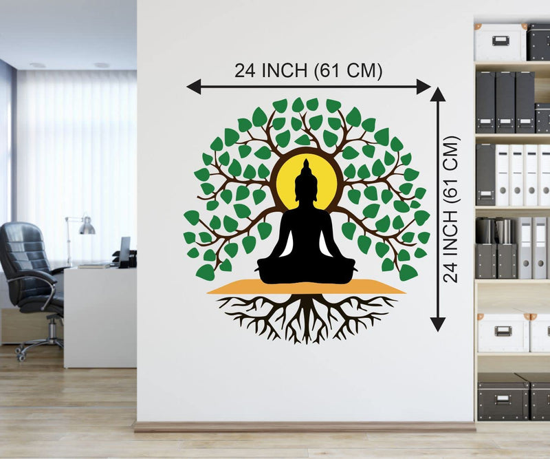 Divine Designs™ PVC Vinyl Self-Adhesive Black Buddha Sadhana Under Tree Wall Sticker for Living Room, Bedroom, Office Wall Decoration (24 X 24 INCH) Pack 1