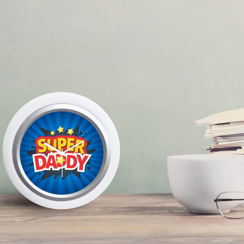 TheYaYaCafe Yaya Cafe Supper Daddy Desk Clock for Dad - 6x6 inches, Round (White Frame, Unbreakable Flexiglass Cover, Analog)