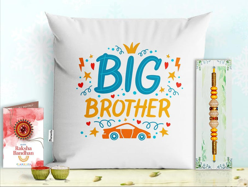 Pillow Rakhi for Brother with Gift - Rakhi with Rakhi Cushion with Filler Greeting Card- Rakhi for Brother, Gifts for Brother, Gifts for Rakhi, Gifts for Rakshabandhan Rakhi Gifts-PA-CU-20