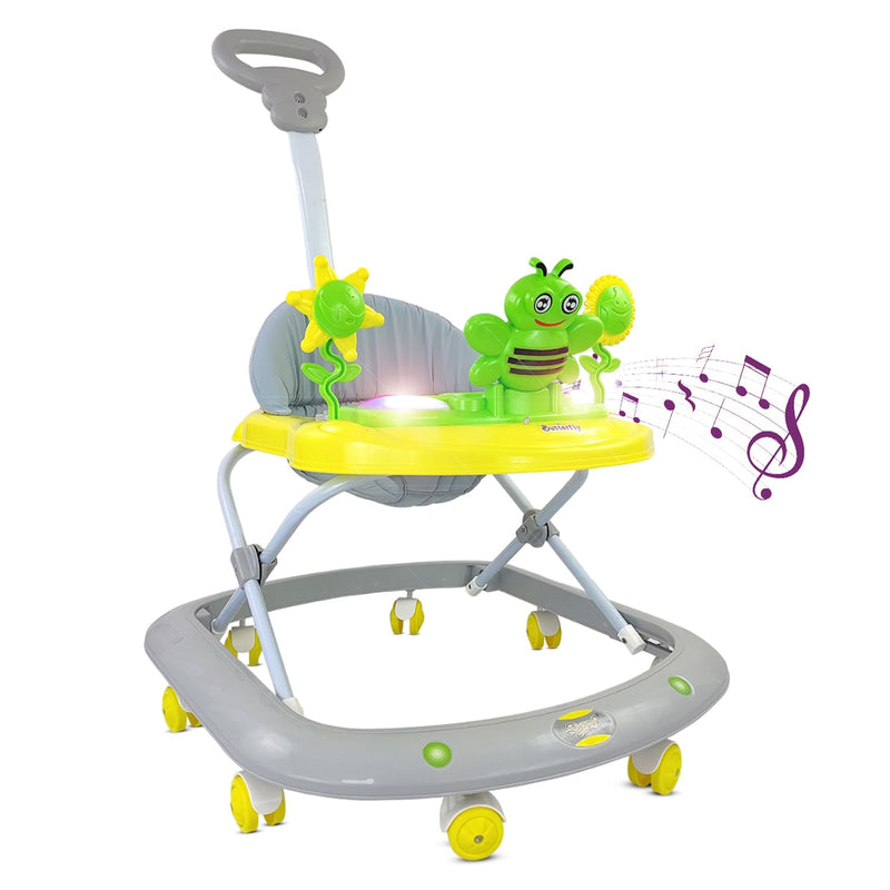 Dash Butterfly Deluxe Baby Walker with 3 Position Adjustable Height Music & Light & Parental Handle, Foldable Activity Walker, Baby 6-18 Months boy, Walker for Kids (Capacity 20kg | Yellow)