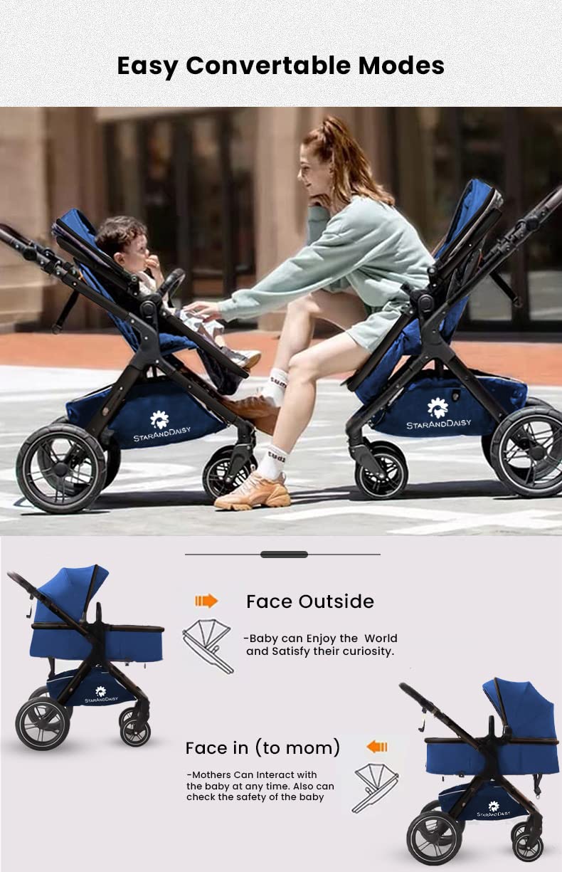 StarAndDaisy Easy Go Baby Stroller For 0-3Y Girls&Boys,Luxury Look,One Push Foldable Desing,5 Point Safety Belt,Comfortable&Washable Fabric And Reversible&Convertible Kids Pram(Blue With Black Tubes)