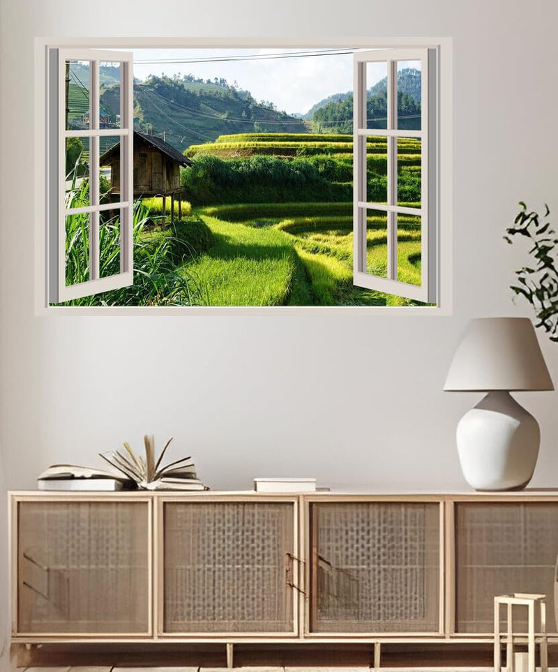 JVERF - JZZA33402 Vietnam Fields Sapa Hill| Self-Adhesive Open Window Wall Sticker