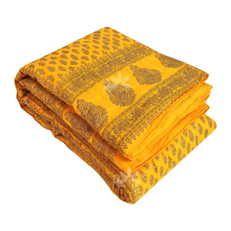 Rexxica 240 TC Single Bed Organic Cotton Jaipuri Famous Razai Bed Blanket Ac Quilt for Winter Soft Light Weight Rajasthani Traditional Rajai Cotton 57 x 84 inch.. (Single, Yellow)