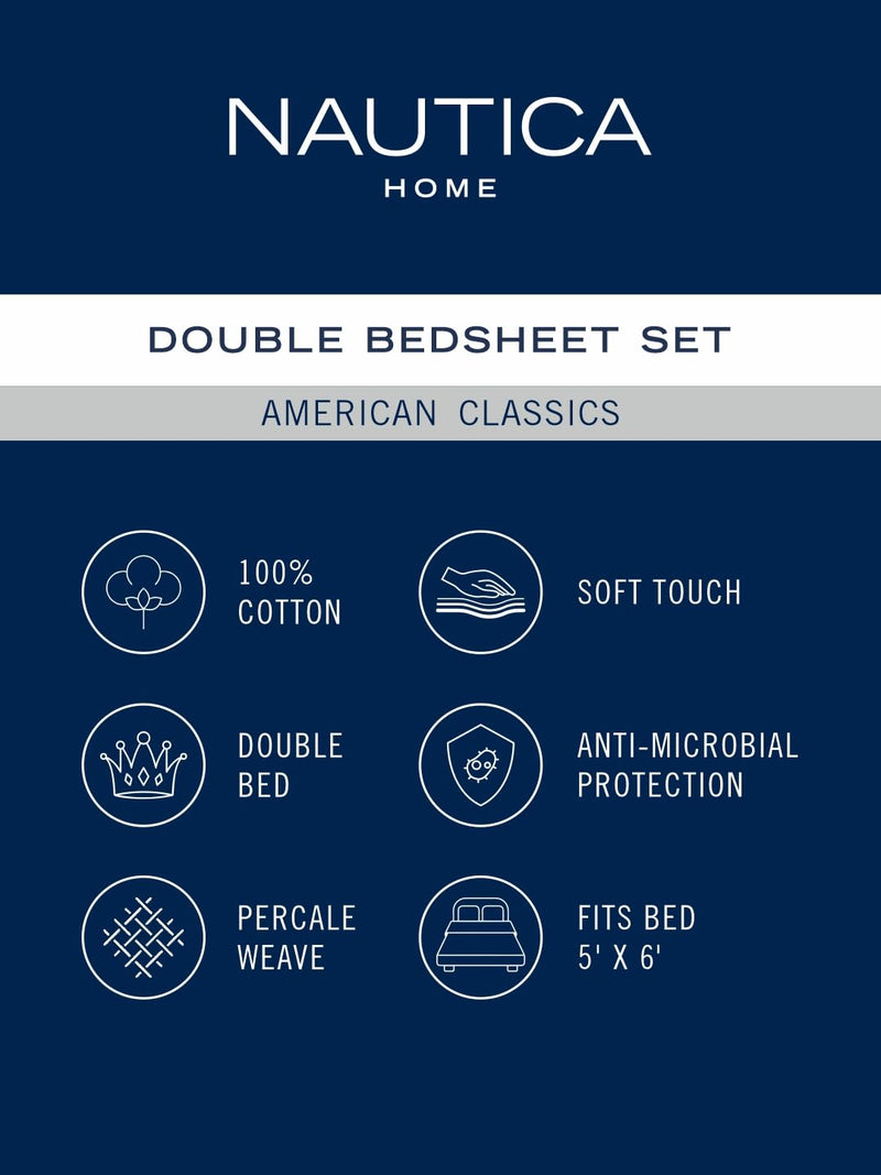 NAUTICA 100% Pure Cotton Double Bedsheet with 2 Pillow Covers -3pc Set (American Classics) Checks-red/Multi