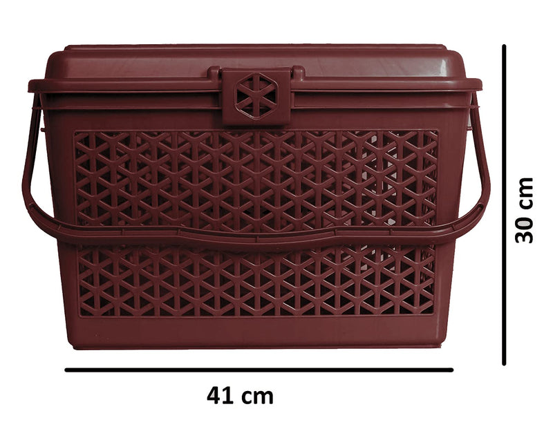 Kuber Industries Trendy Shopping/Storage Basket with Handles|Solid Plastic Big Bin|Handles Plus Lid|Size 30 x 41 x 28 (Brown)-KUBMART11096