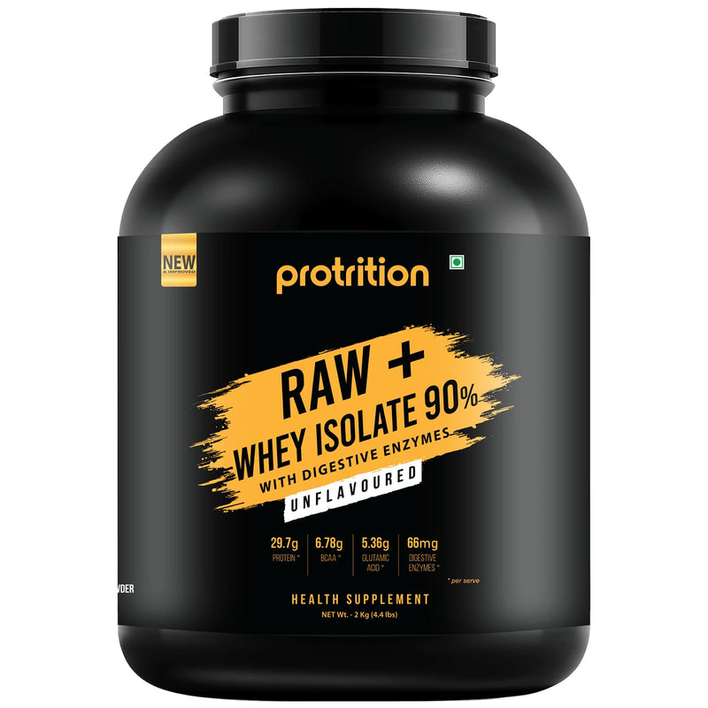 Protrition Raw+ Whey Protein Isolate Powder 90% | Unflavoured - 2kg (60 Servings)| 29.7g Protein, 6.78g BCAA per SCOOP | Added Digestive Enzymes | Muscle Growth, Strength And Recovery