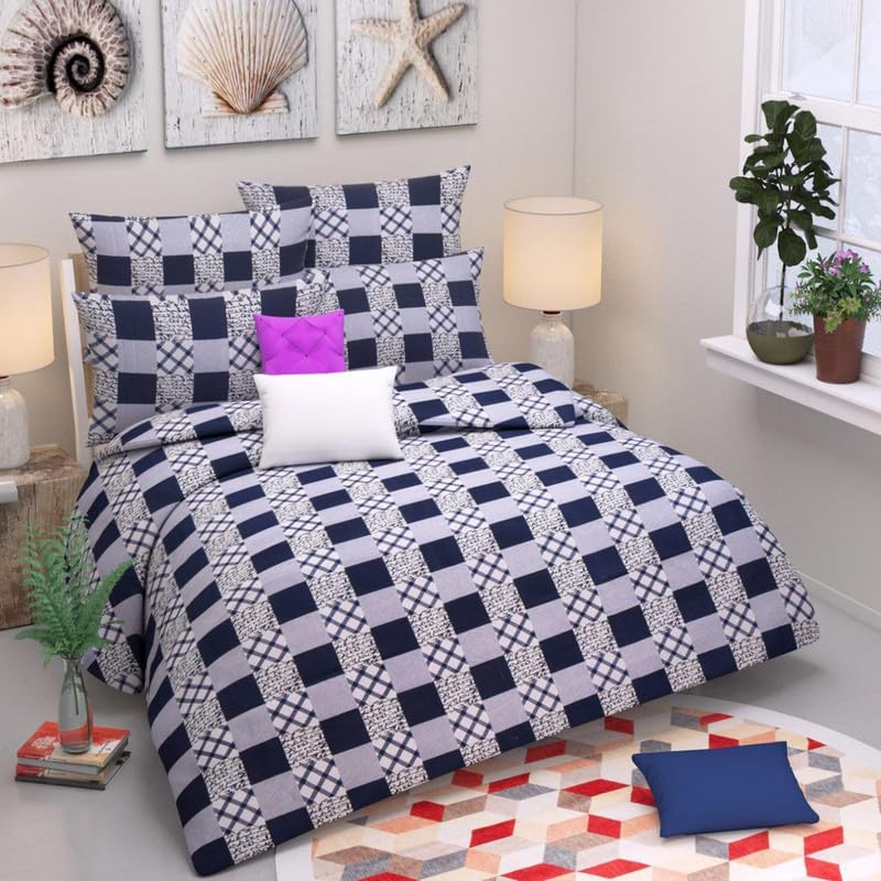 Amvy Creation Skin Friendly Ultrasoft Prime Collection Printed Flat 1 Double Bedsheet with 2 Pillow Covers (Size 90 x 90 Inch) - Blue & White Check 3D6