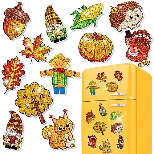 Whaline 12Pcs Fall Diamond Painting Magnets Set Pumpkin Maple Leaves Turkey Gnome Fridge Magnet Diamond Painting Kits for Autumn Holiday Thanksgiving Home Office School Kitchen Locker Decor