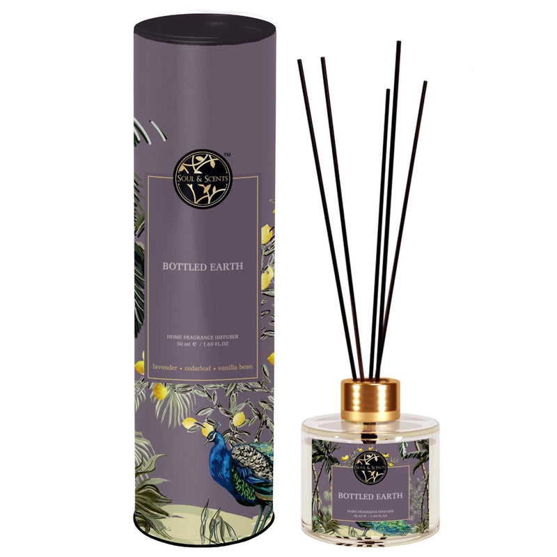 Soul & Scents Bottled Earth Reed Diffuser Set | Fragrance of Lavender, Cedarleaf & Vanilla Bean| Get 5 Rattan Reed Sticks | Smoke Less Room Freshener for Home, Bedroom, Living Room & Office | 50ml