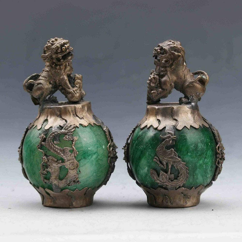 Acxico 1Pairs Exquiste Chinese Silver Dragon Inlaid Jade Hand Carved Lion Statue