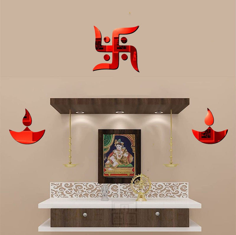 Asmi Collections Beautiful Swastik and 2 Diyas Self Adhesive 3D Acrylic Mirror Wall Stickers (Red)